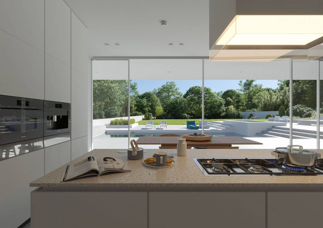 Moderne Küche mit Kochinsel und Blick in den Garten durch große Glasfassade – 3D Interior Visualisierung Düsseldorf