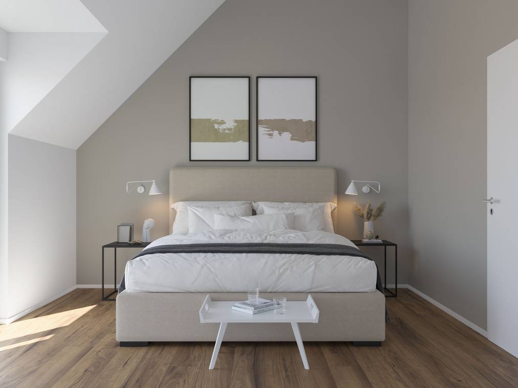 fotorealistisches 3D Rendering eines minimalistischen Schlafzimmers mit Dachschräge