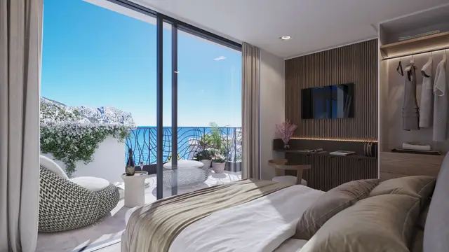 Schlafzimmer mit Meerblick und Balkonterrasse – 3D Architekturvisualisierung Mallorca