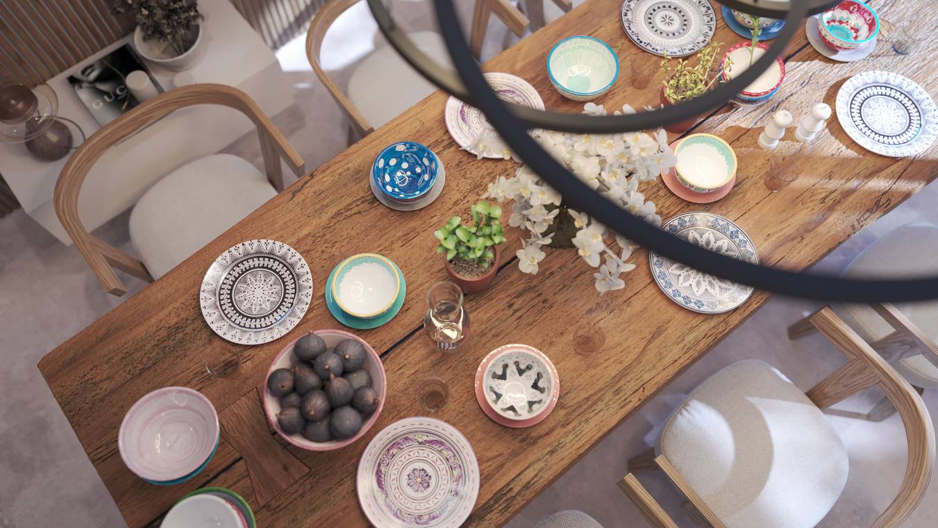 Detailaufnahme eines gedeckten Esstisches mit Keramikgeschirr – fotorealistisches 3D Rendering Interior