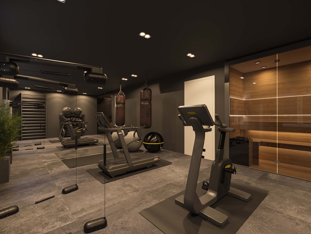 Haus-Fitnessraum mit Trainingsgeräten, Boxsäcken und Sauna, fotorealistische 3d visualisierung von gmsvision