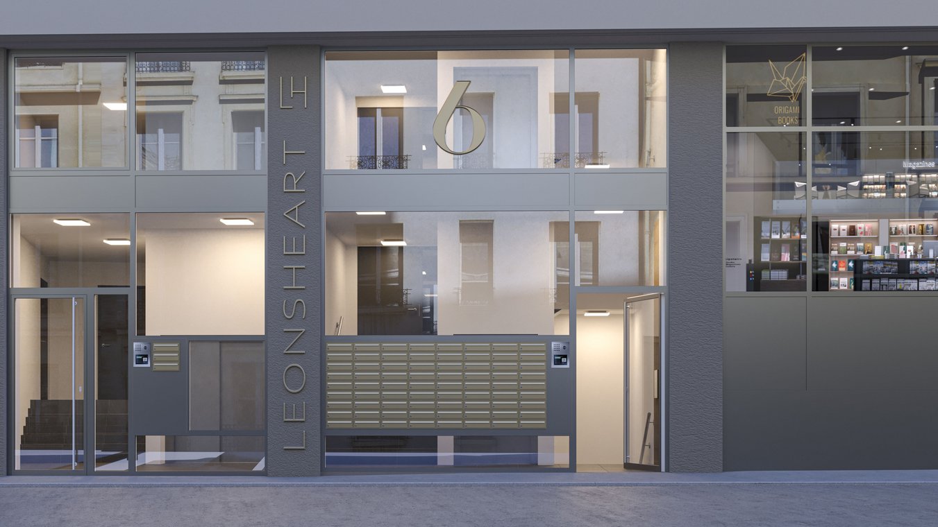 3D architectural visualization Augsburg – modern entrance area Leonsheart with glass facade and mailbox system