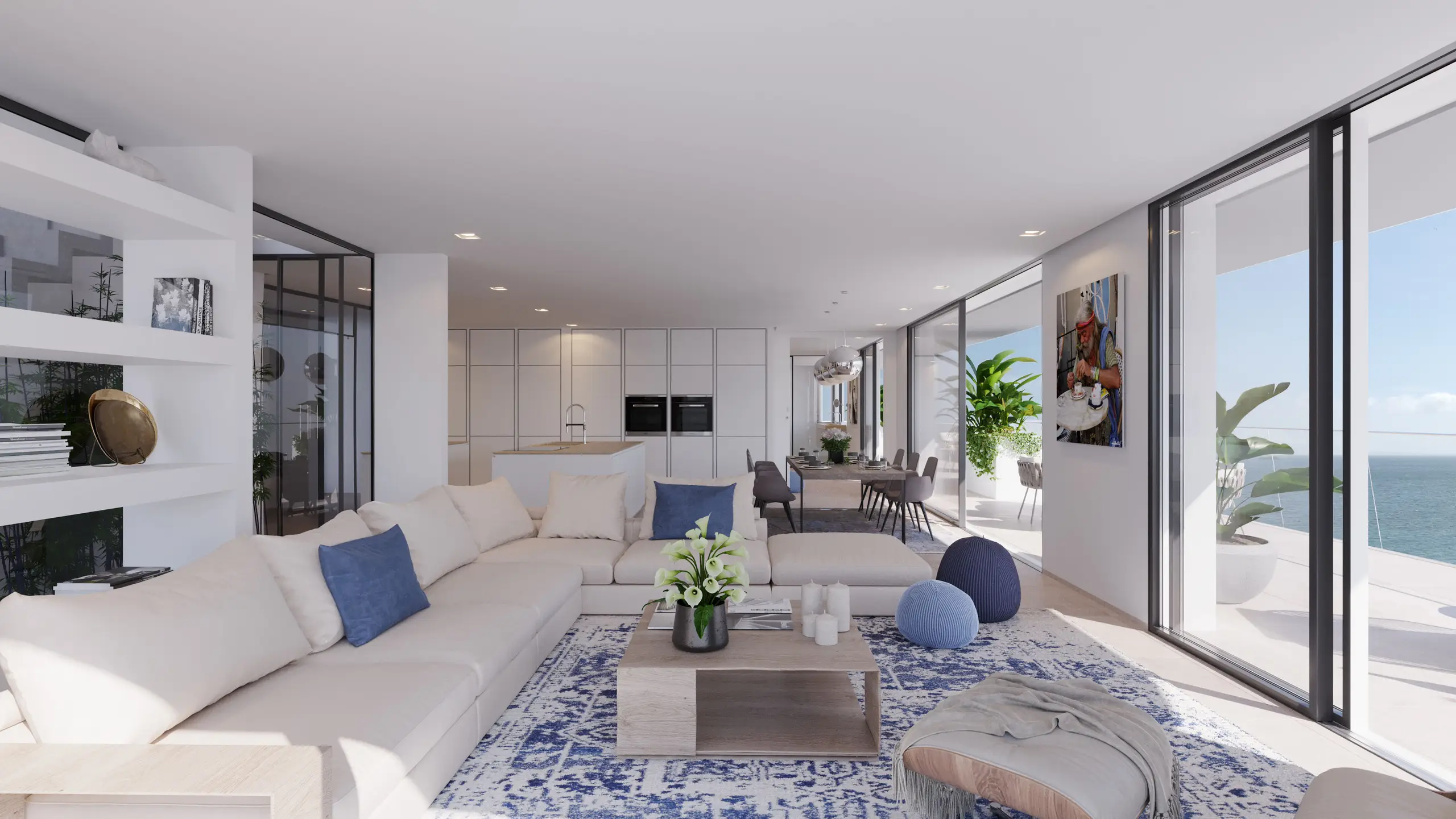 Innenraumvisualisierung eines modernen Wohnbereichs mit offener Küche und Meerblick
