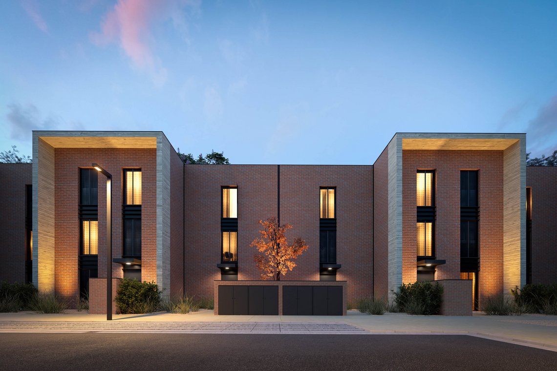 3D Visualization of a residential building at dusk with brick facade, warm architectural lighting, and a striking modern entrance