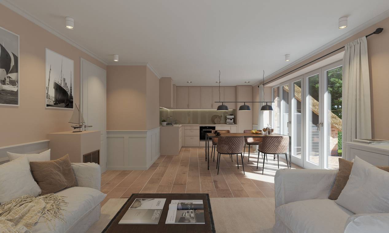 Innenraumvisualisierung eines modernen Wohnzimmers mit offener Küche und Essbereich