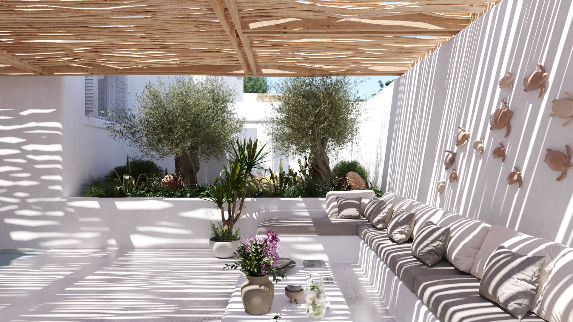 3D Visualisierung einer überdachten Terrasse mit mediterranem Garten und Olivenbäumen im Hippiements Village Ibiza