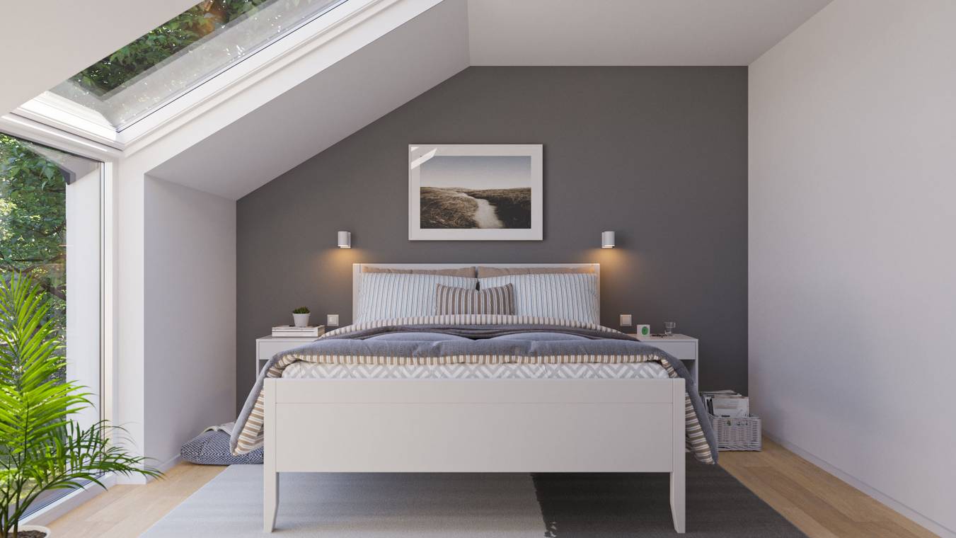 3D Visualisierung eines modernen Schlafzimmers mit Dachfenster im Wohnprojekt Salinenstraße