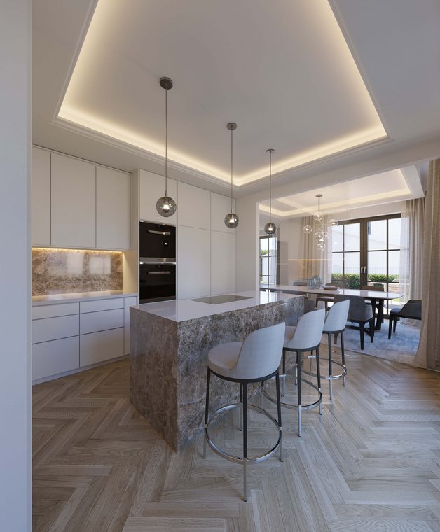 3D Visualization Modern kitchen with marble island, bar stools, and stylish lighting, realistically depicted in a 3D Visualization.an elegant dining room with marble table, designer chairs, and modern lighting.