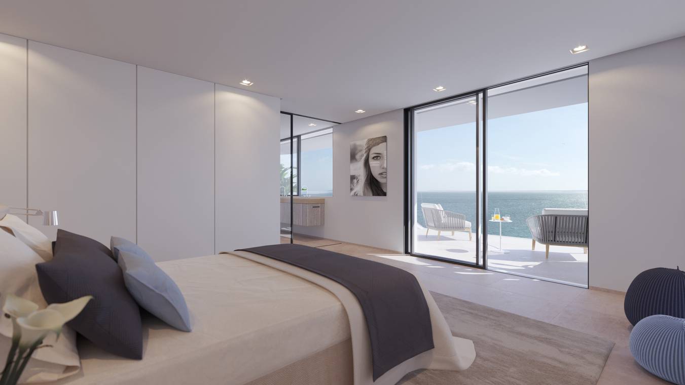 Modernes Schlafzimmer mit bodentiefen Fenstern und Terrasse mit Meerblick – Interior Visualisierung Ibiza