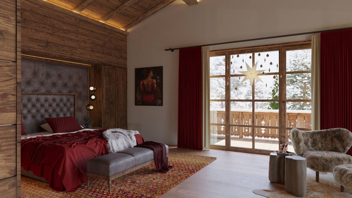 fotorealistische Innenraumvisualisierung eines Chalet Schlafzimmers mit alpinem Design