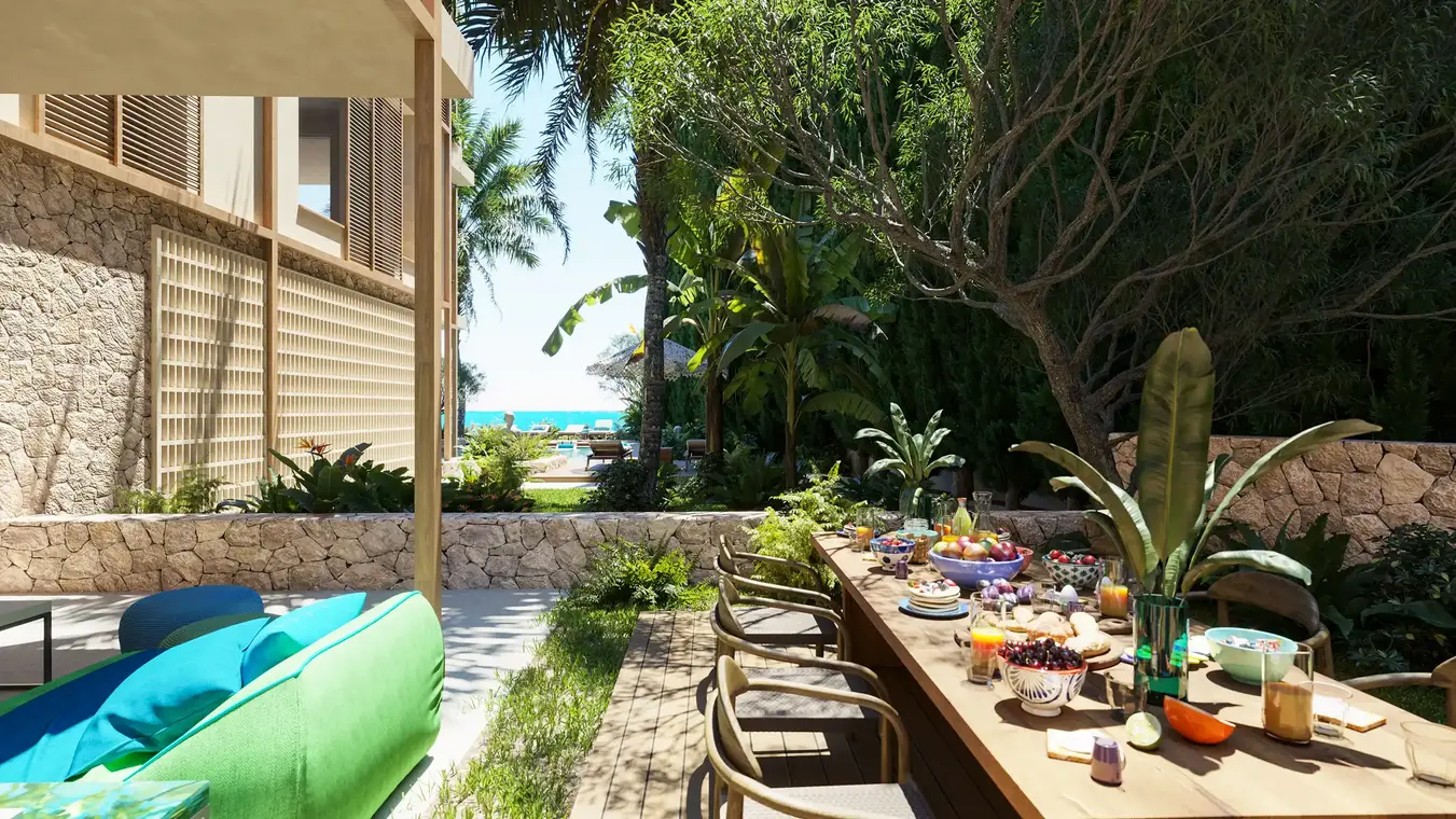 Architekturvisualisierung Terrasse mit Gartenanlage und Meerblick – ATLANTIS Ibiza