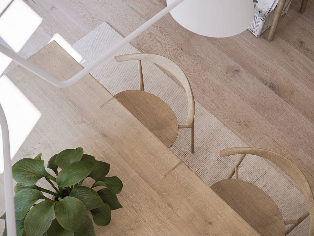 3d visualisierung der Ostsee-Ferienwohnung mit Draufsicht auf den Holztisch, zwei Stühle und eine grüne Pflanze.