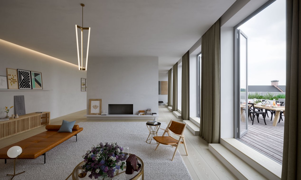 Architectural visualization of a stylish Berlin penthouse living room, softly lit by artificial lighting, creating a calm evening ambiance.