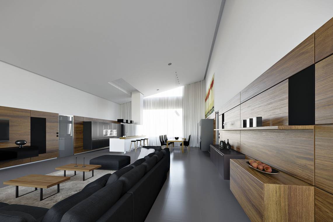 fotorealistische Architekturvisualisierung eines modernen Wohnzimmers in einer Luxusvilla mit stilvoller Holzverkleidung