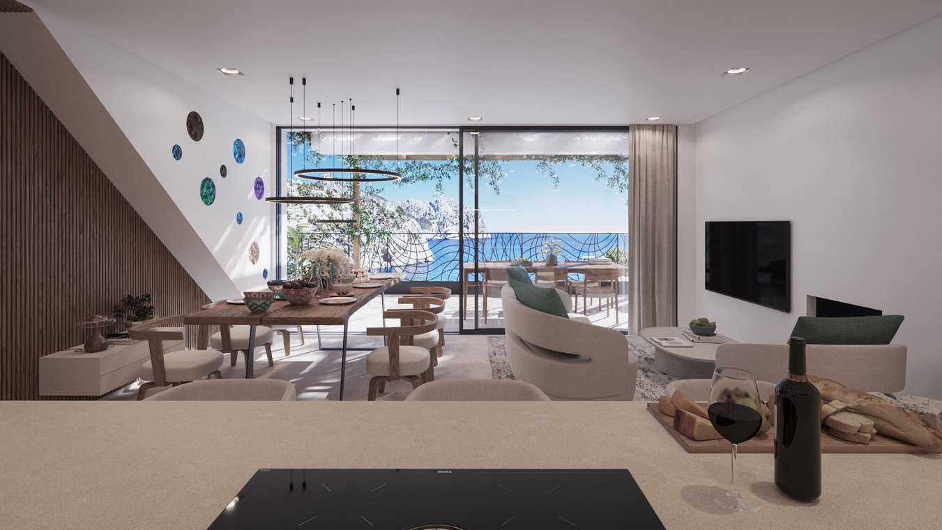 3D Visualization of the Blue Elements open-plan living and dining area with sea view, modern furnishings, wooden accents, and a set dining table for an elegant atmosphere