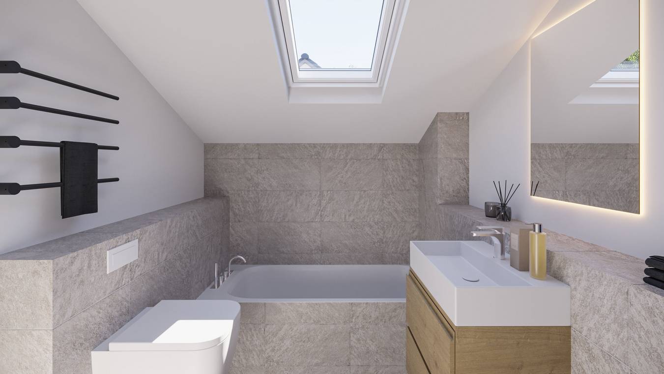 3D Architekturvisualisierung eines eleganten Badezimmers mit Dachfenster, moderner Badewanne und beleuchtetem Spiegel, von gmsvision.