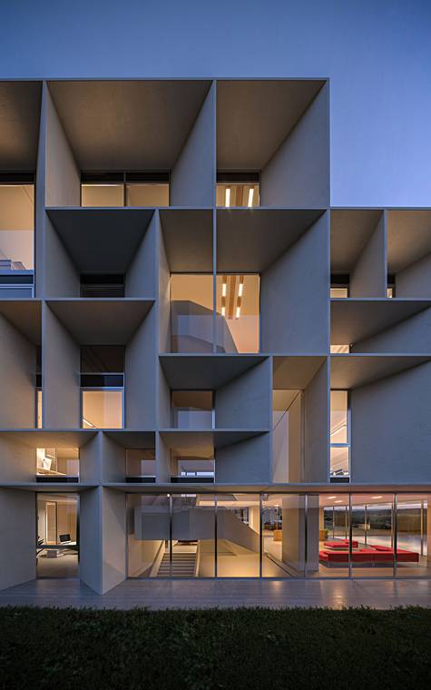 photorealistic architectural visualization of modern office building facade structure