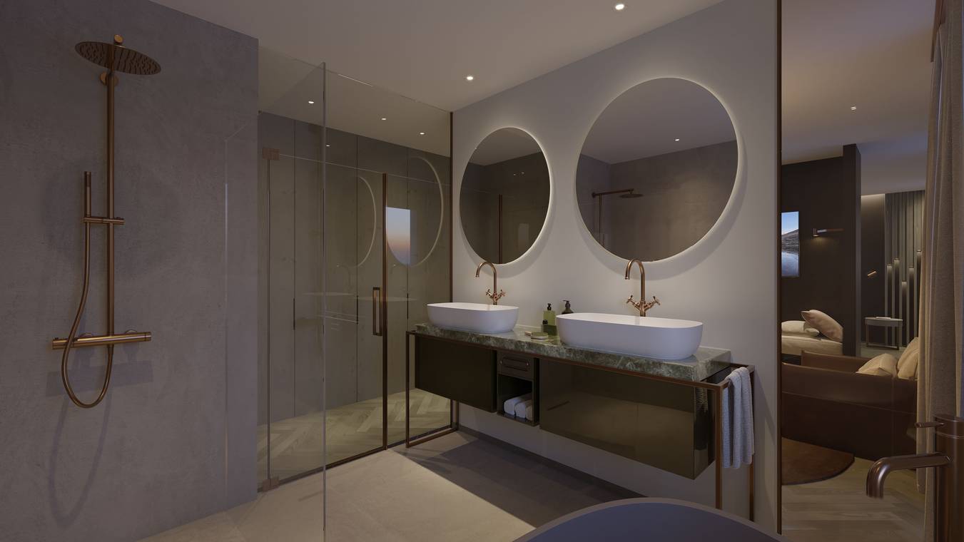 Innenraumvisualisierung eines luxuriösen Hotelbades mit modernem Waschbecken und Dusche