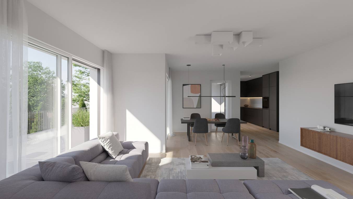 Heller Wohn- und Essbereich mit offener Küche in einer modernen Neubauwohnung – Interior Visualisierung Bad Nauheim