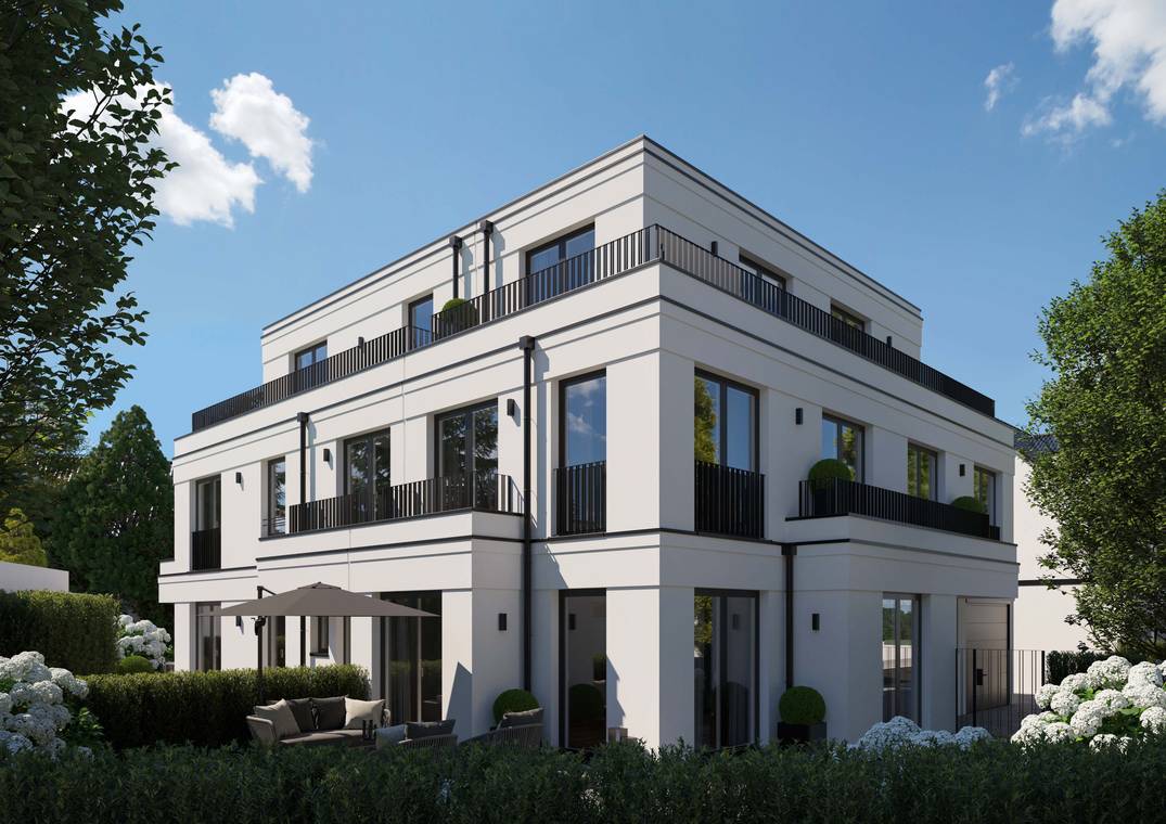 Perspektivische Architekturvisualisierung des Neubaus am Gerlachweg in München mit Balkonen und Garten