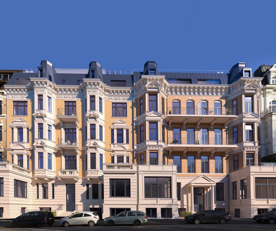 3D visualization of the restored façade at Hamburg Schwanewik, featuring ornate balconies, bay windows, and classical charm.