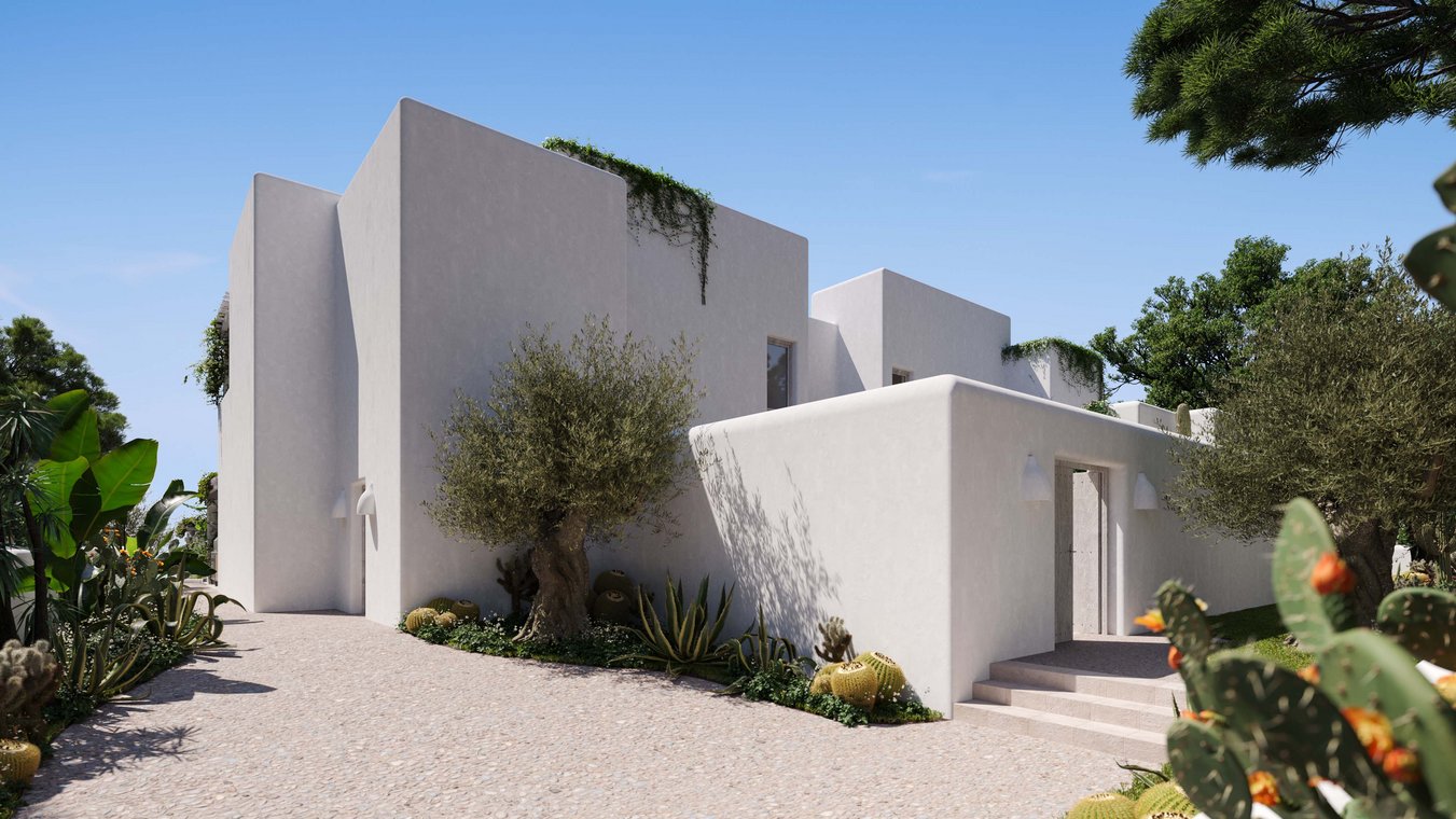 Villa entrance with minimalist design, olive tree, and natural stone path in Ibiza.