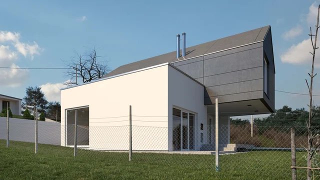 Architectural Visualization of a minimalist private house in Croatia during daytime, with a bright white facade, green lawn, and simple wire fence, created by gmsvision.