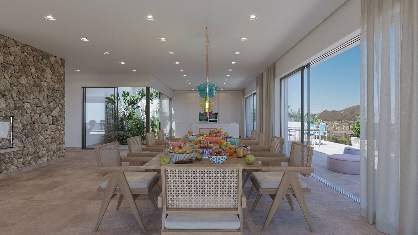 Großzügiger Essbereich mit Meerblick in einer luxuriösen Penthouse Wohnung auf Ibiza 