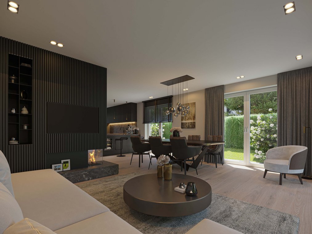 Elegantes Wohnzimmer mit Essbereich, dunklen Akzenten und großen Fenstern, hochwertige 3d visualisierung von gmsvision