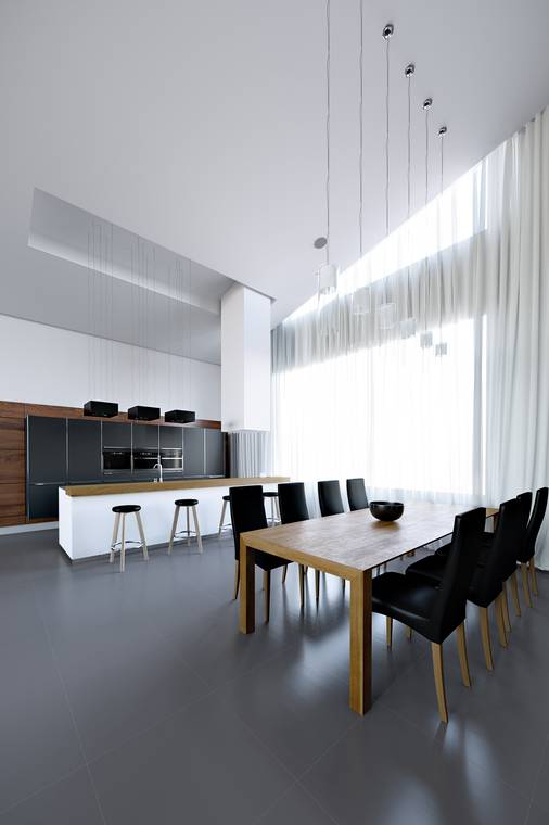 3D Visualisierung einer modernen Küche mit Essbereich in einer Luxusvilla mit minimalistischem Interior Design