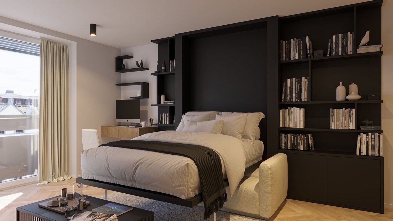 3D interior visualization Augsburg – modern studio apartment with integrated bed, bookshelf and home office area
