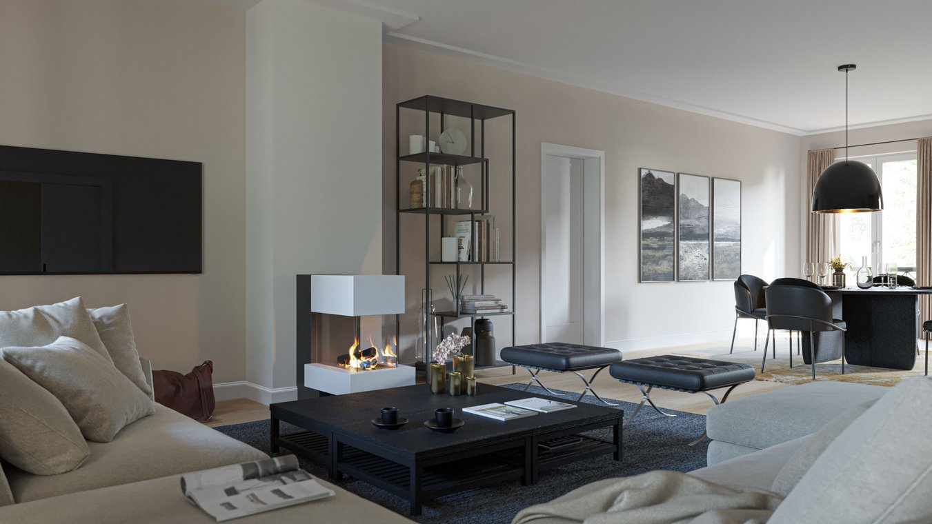 Interior architectural visualization of a modern living room in Hamburg, featuring a cozy fireplace, designer furniture, and an open dining area.