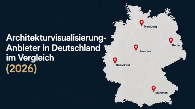 Architekturvisualisierung Anbieter in Deutschland im Vergleich 2026 – Karte mit Studios in Hamburg, Berlin, Hannover, Düsseldorf und München