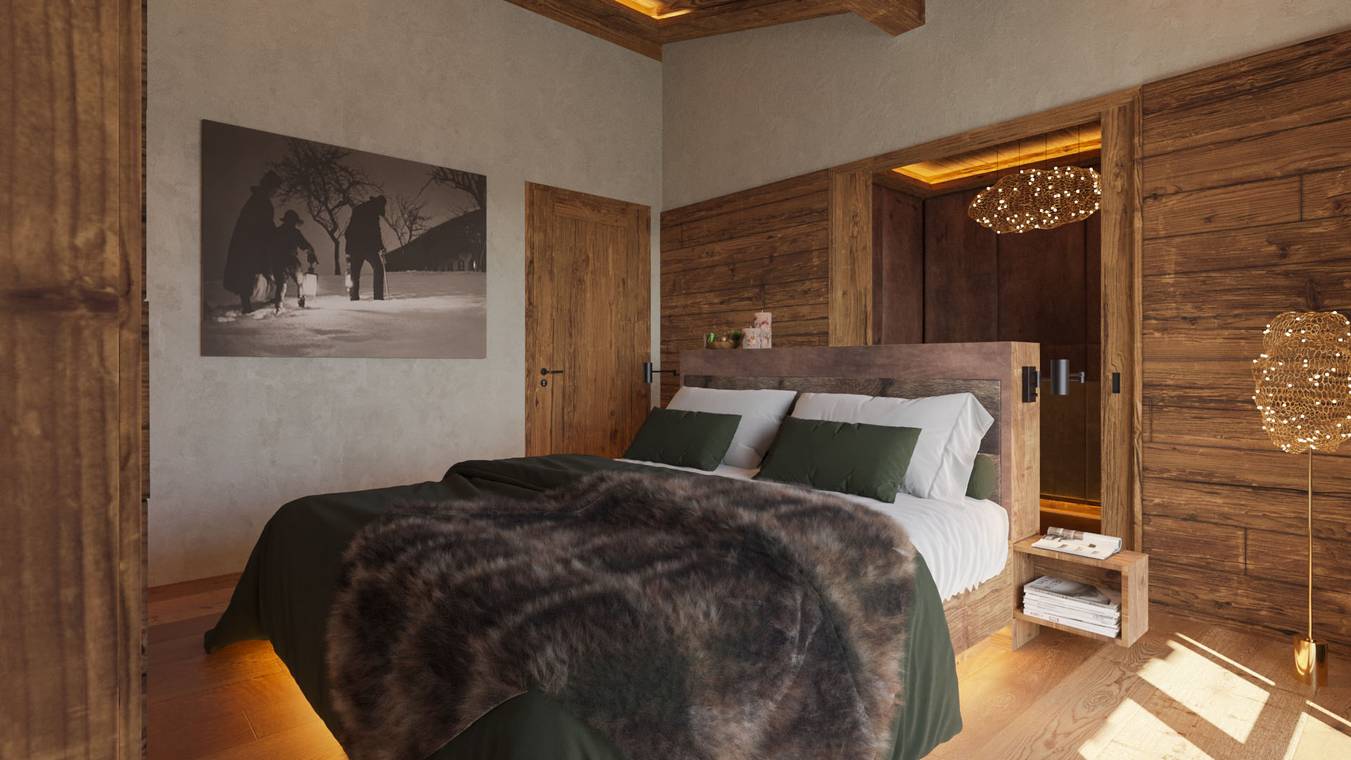 fotorealistische Innenraumvisualisierung eines alpinen Schlafzimmerdesigns mit Holzmaterialien