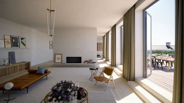 Architectural visualization of a modern penthouse living room in Berlin, featuring minimalist design, large windows, and bright daylight flooding the open interior.