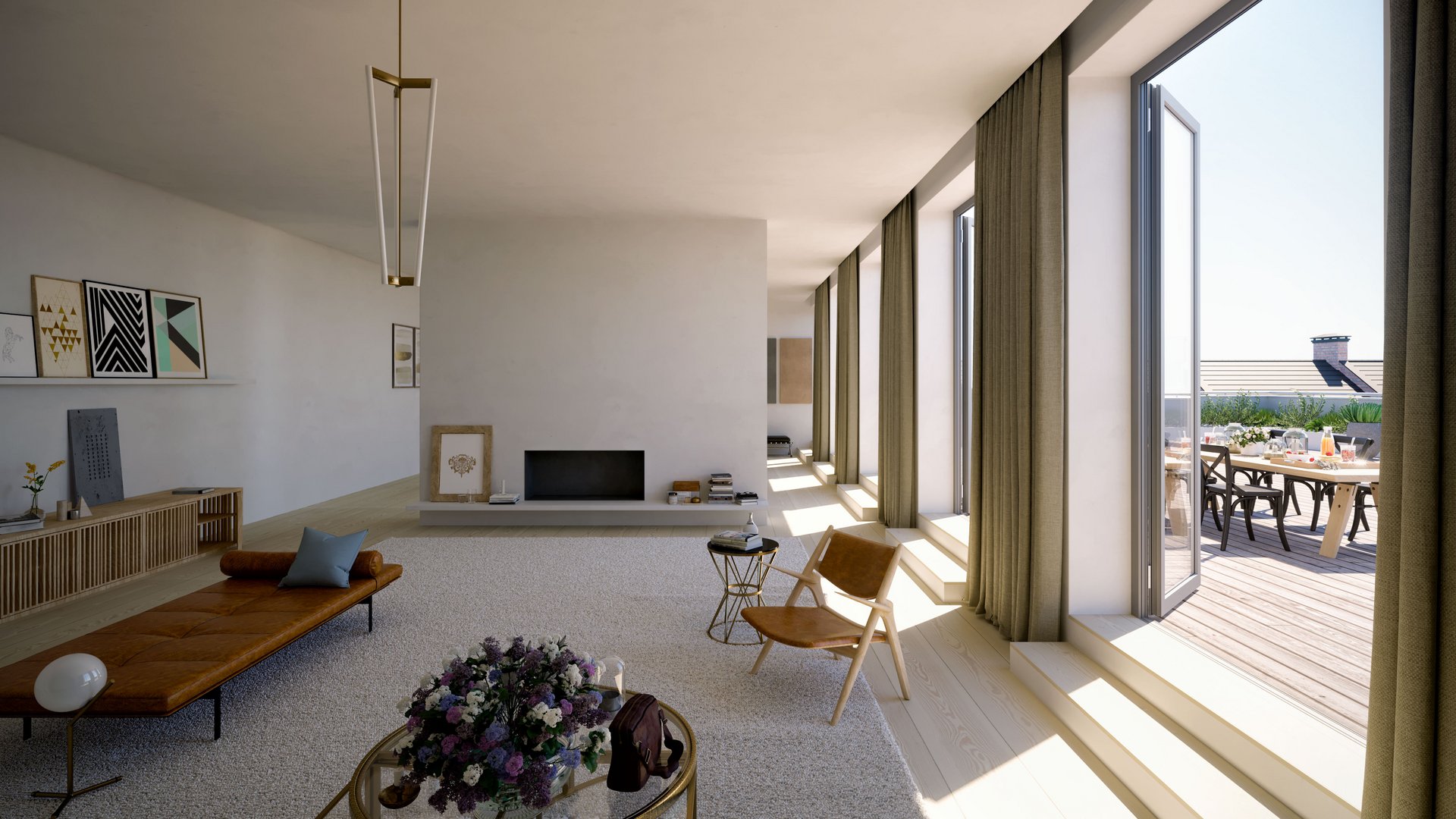 Architectural visualization of a modern penthouse living room in Berlin, featuring minimalist design, large windows, and bright daylight flooding the open interior.