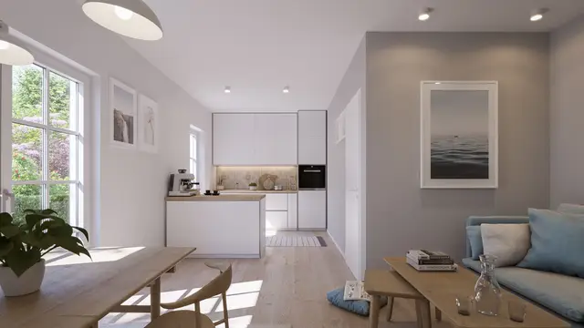 3D Visualization of a modern Baltic Sea holiday apartment featuring a bright living and dining area with wooden furniture, minimalist kitchen, and blue sofa.