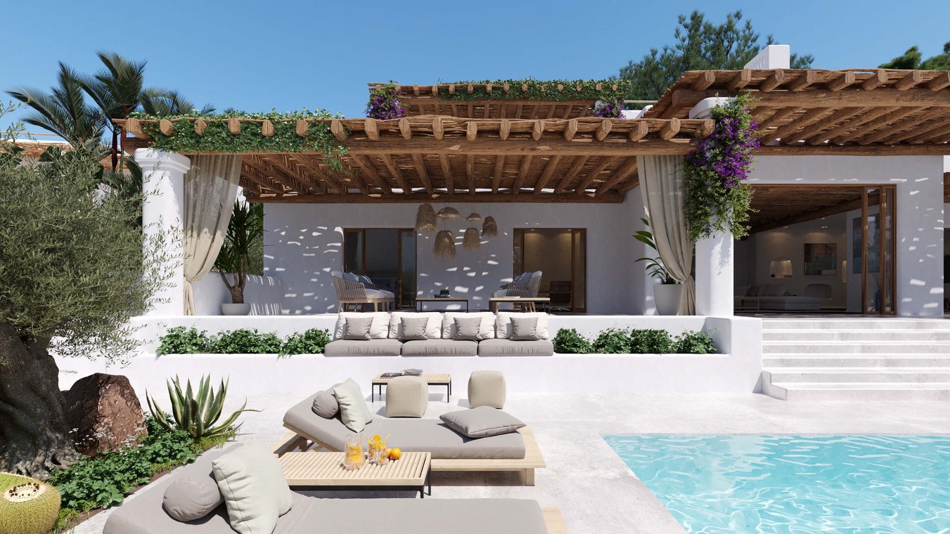Architectural visualization of a Mediterranean terrace with natural materials, wooden pergola, and comfortable lounge furniture.