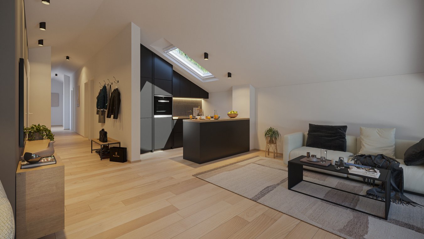 3D architectural visualization of an open kitchen with black cabinets, kitchen island, and cozy living area, created by gmsvision.
