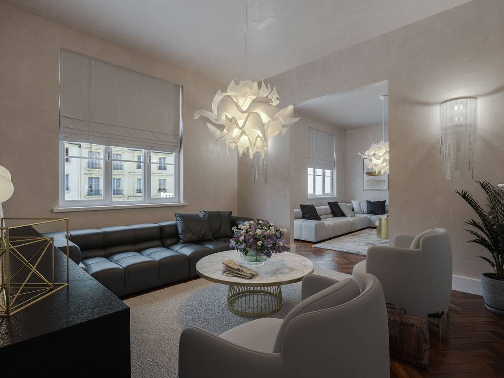 Architekturvisualisierung eines eleganten Wohnzimmers mit luxuriösen Sofas, originellen Leuchten und harmonischem Interieurdesign in Hamburg.