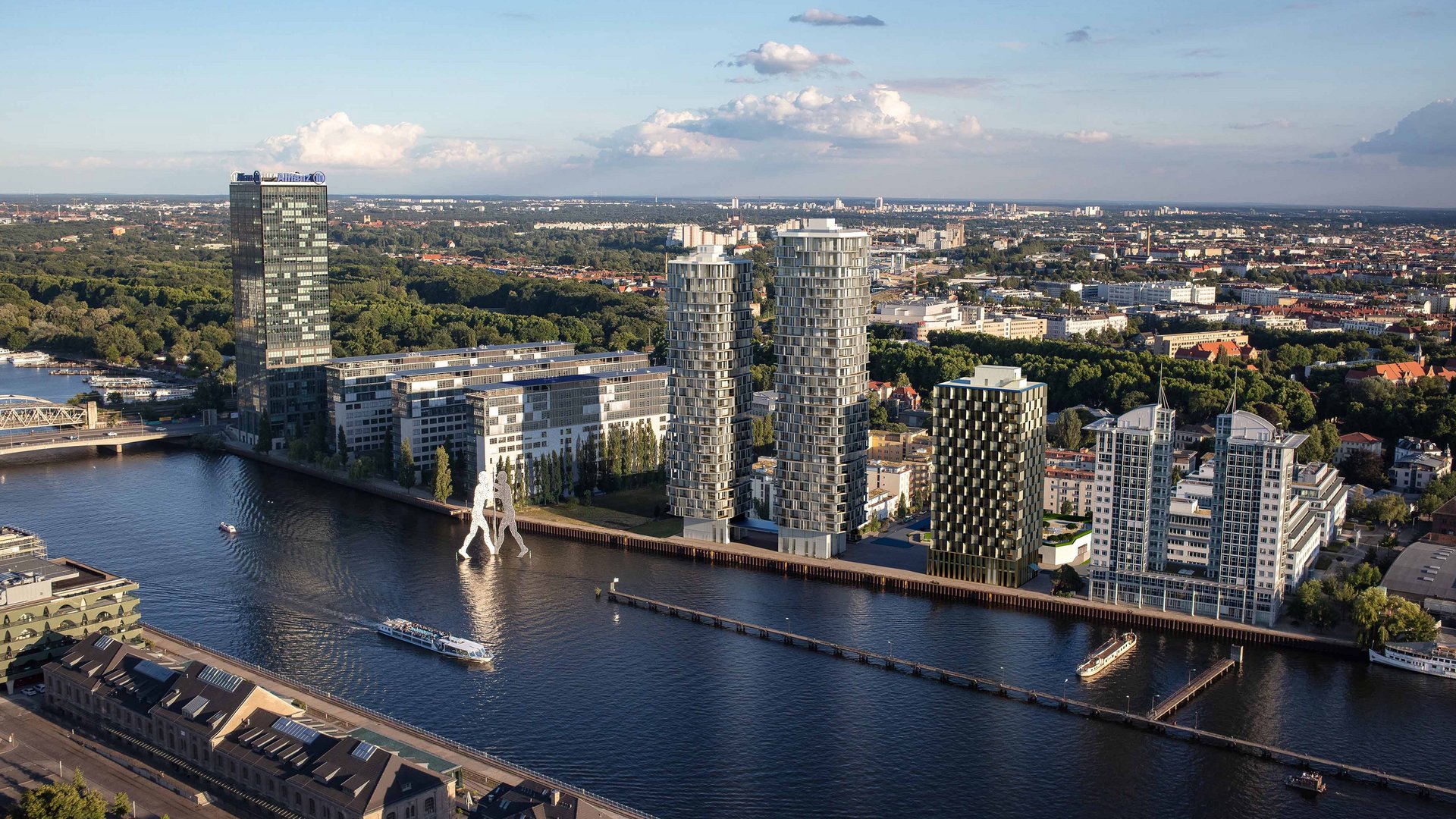 Skyline view over the Spree River with high-rise towers and the Molecule Man sculpture, stunning 3D Visualization by gmsvision