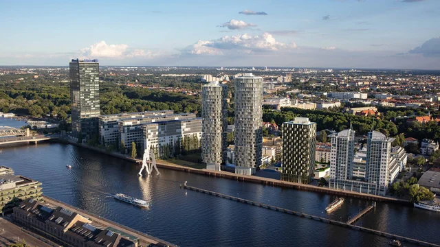 Skyline view over the Spree River with high-rise towers and the Molecule Man sculpture, stunning 3D Visualization by gmsvision