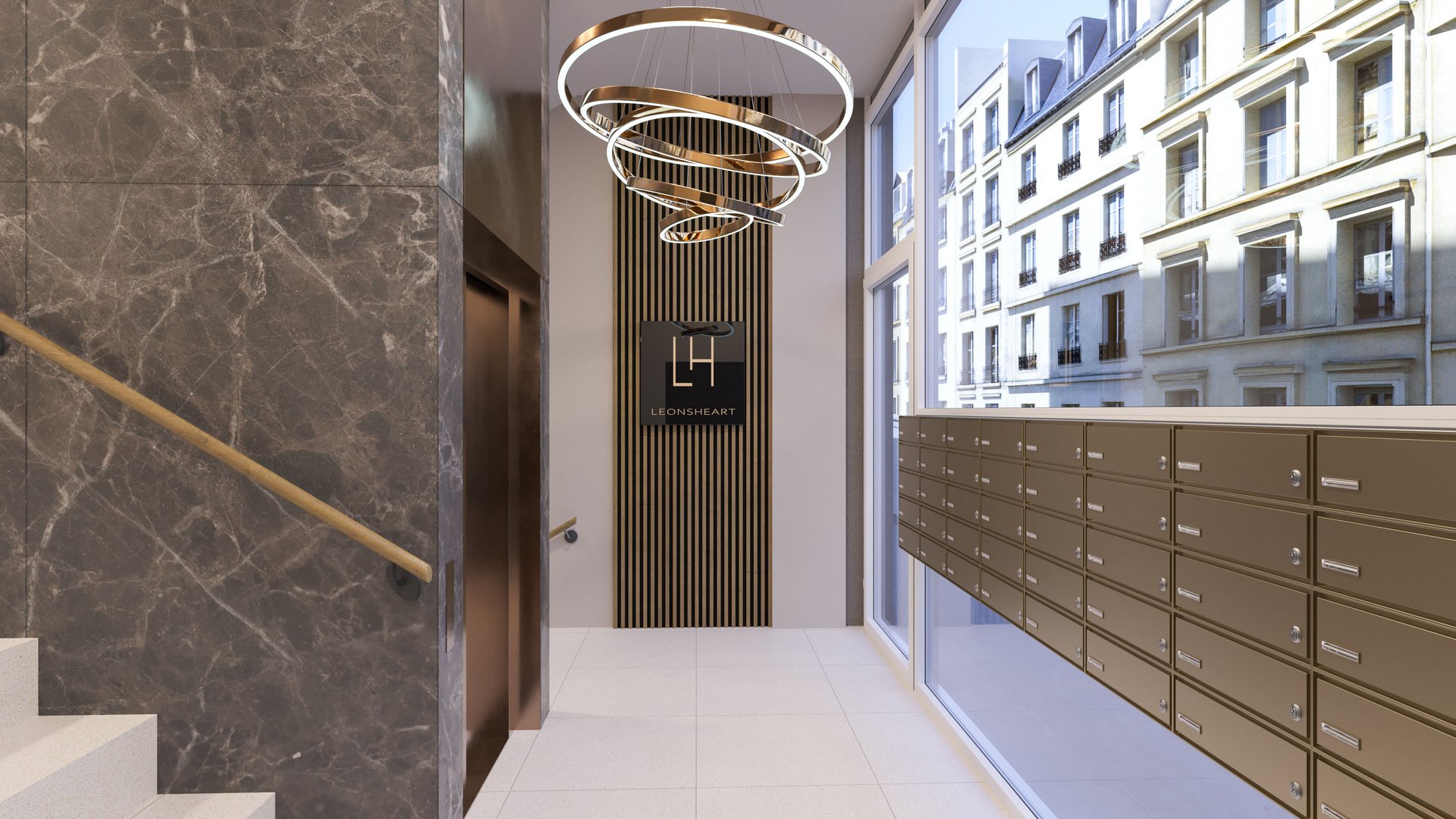 Interior visualization Leonsheart Augsburg – modern lobby with elevator, designer lighting and mailbox system