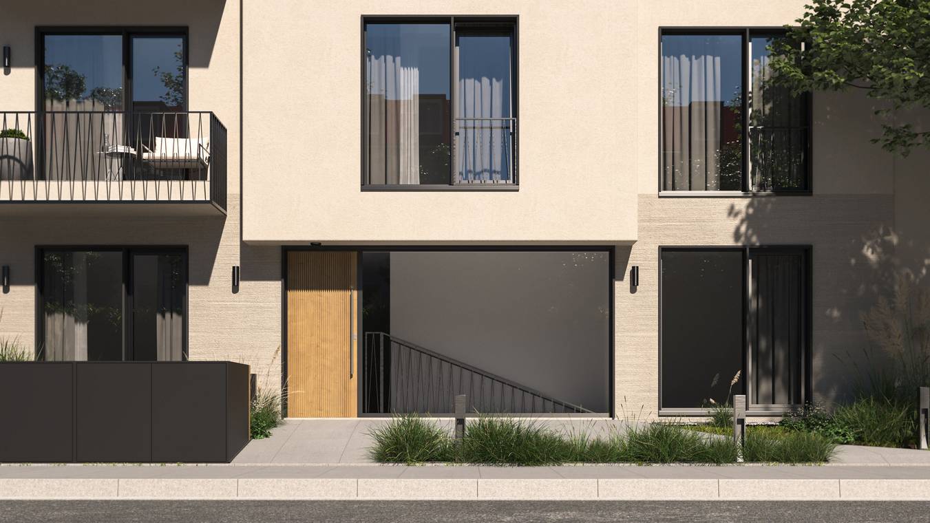 3D architekturvisualisierung von gmsvision einer sonnendurchfluteten Fassade eines Mehrfamilienhauses mit klarer moderner Architektur.