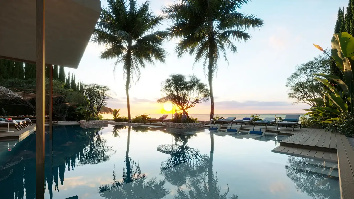 Architekturvisualisierung Pool bei Sonnenuntergang mit Meerblick – ATLANTIS Ibiza