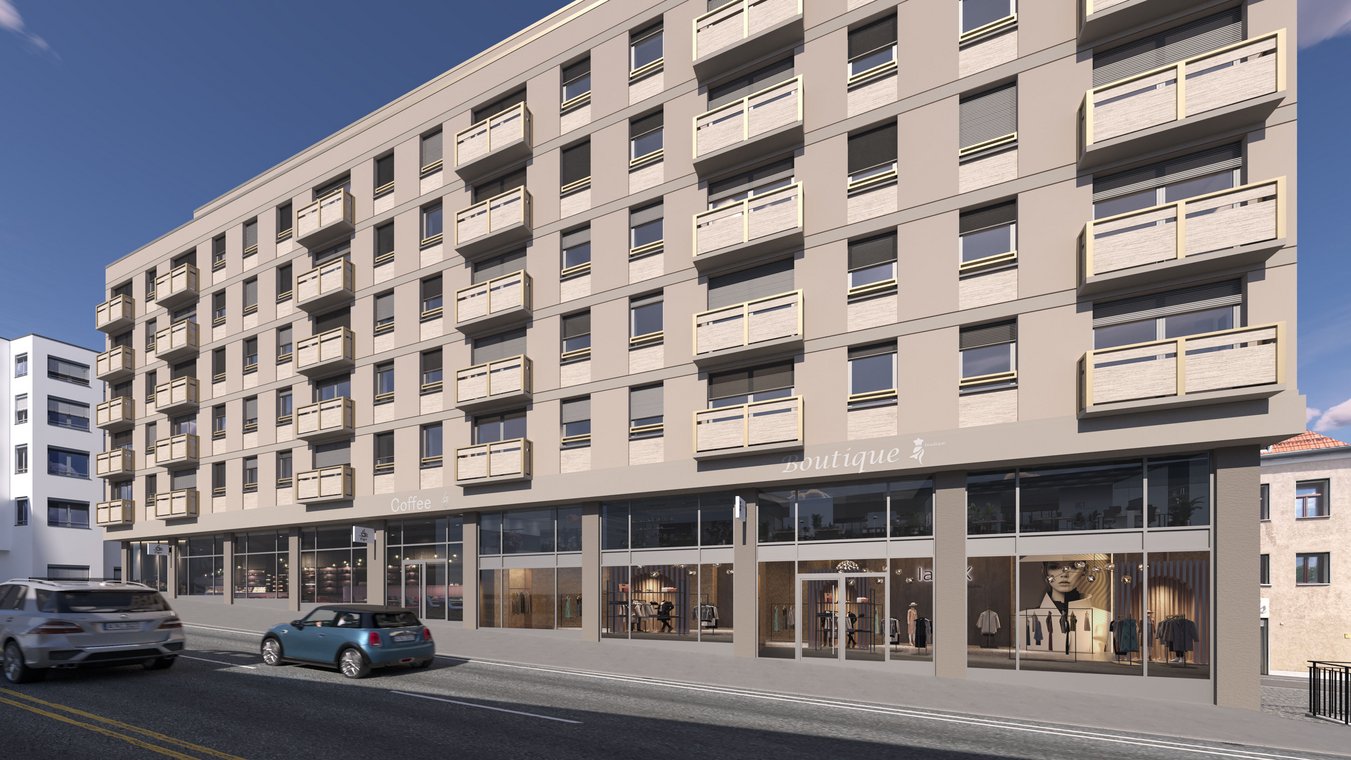 3D visualization Leonsheart Augsburg – photorealistic architectural rendering of a modern residential and commercial building with balconies and retail shops