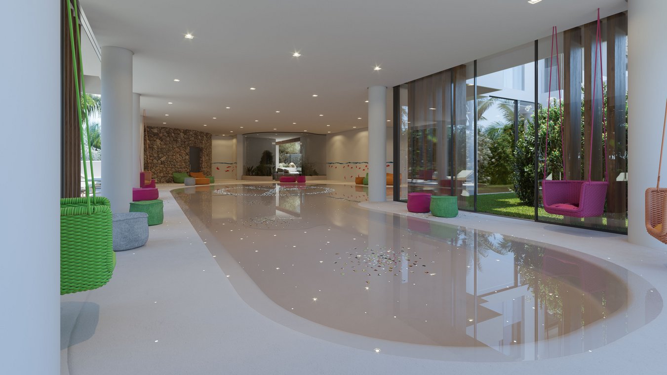 „Innenpool mit bunten Hängesitzen und modernen Loungebereichen, stilvolle 3d visualisierung von gmsvision