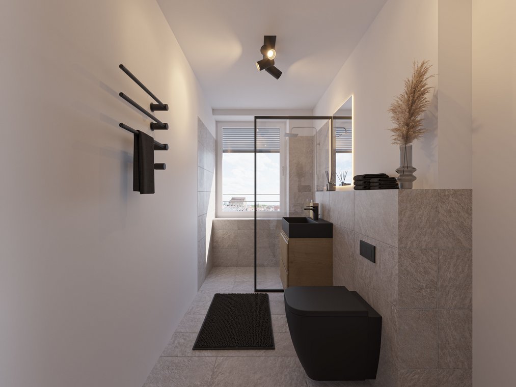 3D rendering modern bathroom in Augsburg – luxury interior design with black toilet, glass shower and natural stone tiles