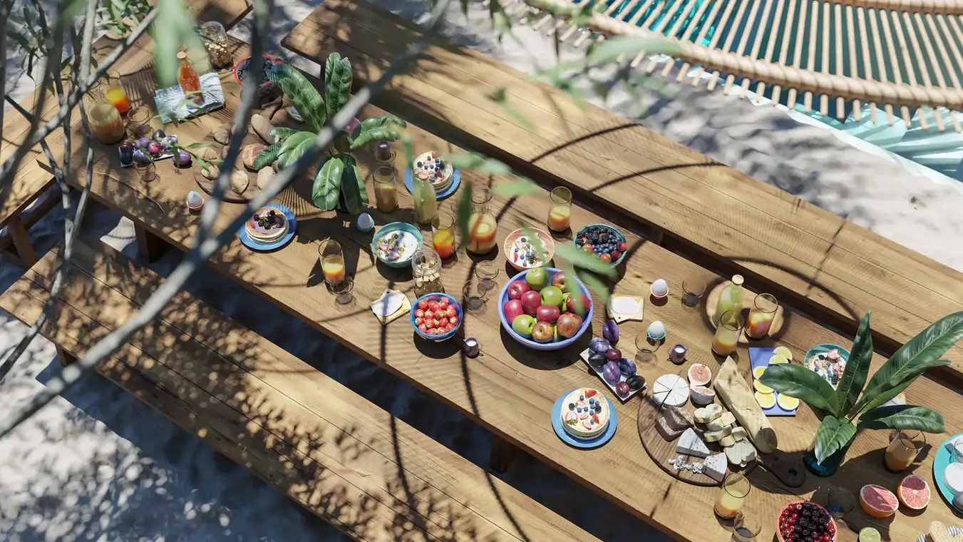 3D Visualisierung Beachclub Frühstückstisch mit Pool – ATLANTIS Ibiza