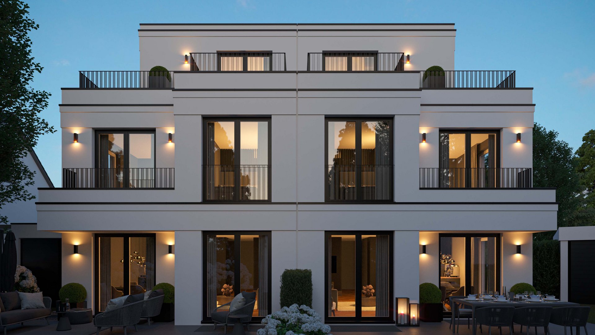 Architectural visualization of a modern residential building on Gerlachweg in Munich at dusk lighting